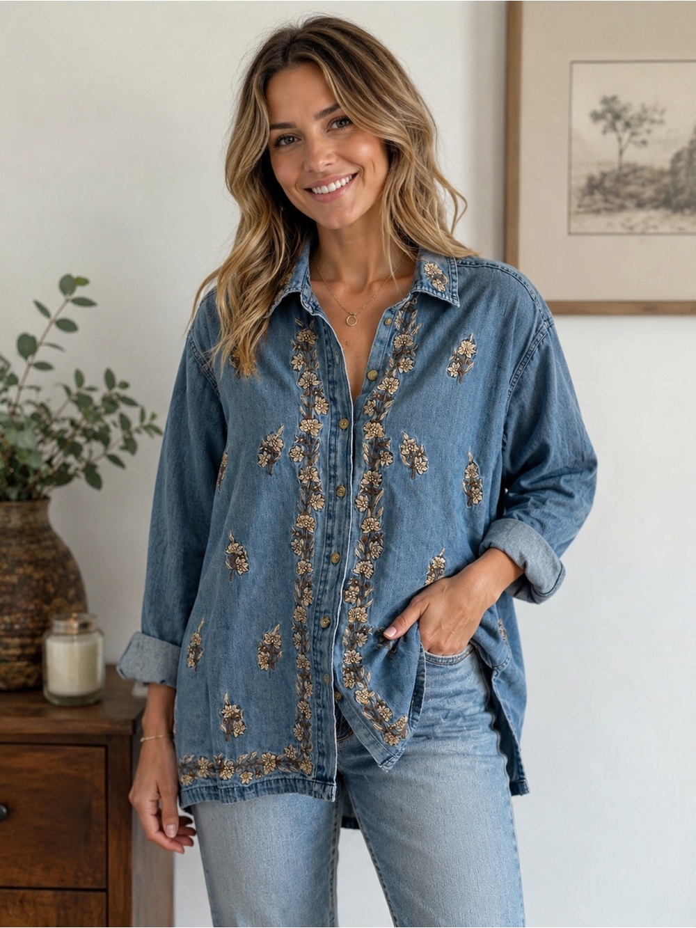 Sara Studio Embroidered Denim Shirt Large Floral Boho Button Up Cottagecore
